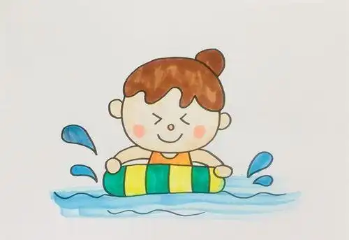圈涂黄色和绿色水面涂上浅蓝色水花涂深蓝色可爱的小孩游泳简笔画