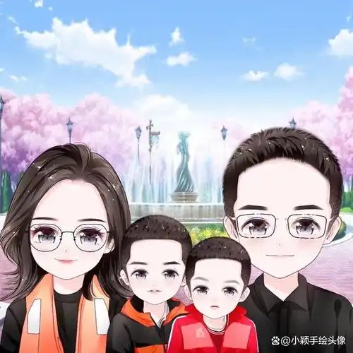 卡通全家福头像,一家四口漫画风手绘图片,可爱有个性