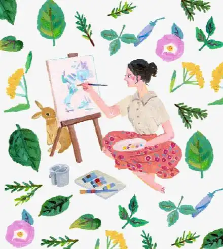 画画的女孩插画素材