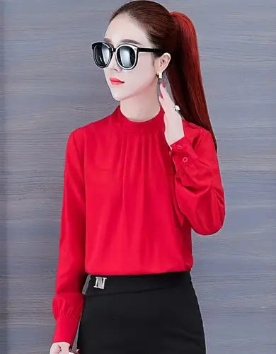 衬衫女2020春季新款时尚显瘦纯色雪纺衫上衣气质衬衣女衣服潮 红色 m