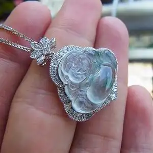 英子珠宝玻璃种刚性飘花翡翠玉佛吊坠挂件天然真品18k金镶钻精品
