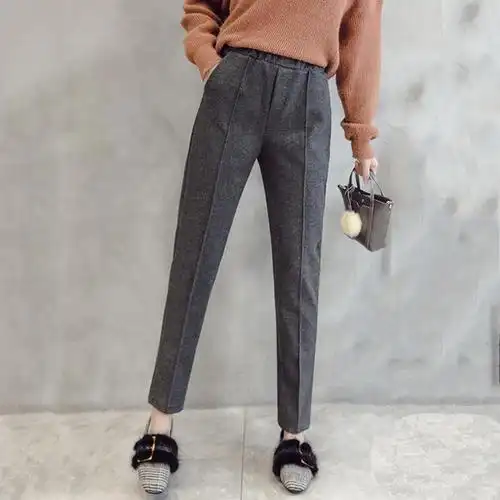 毛呢哈伦裤女2018秋冬新款韩版宽松高腰萝卜裤休闲松紧腰女式长裤