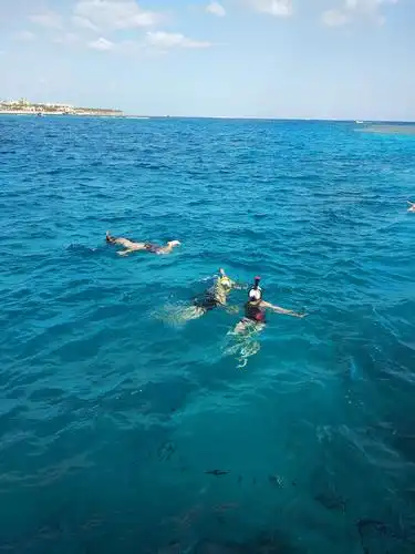 年轻的驴友们下海游泳,他们说是海水不冷,海里有很多各色小鱼,可惜我