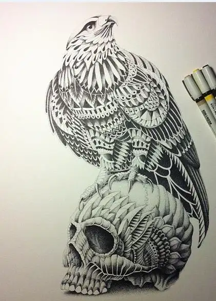一款骷髅头鸟文身手稿图案由武汉纹身网提供