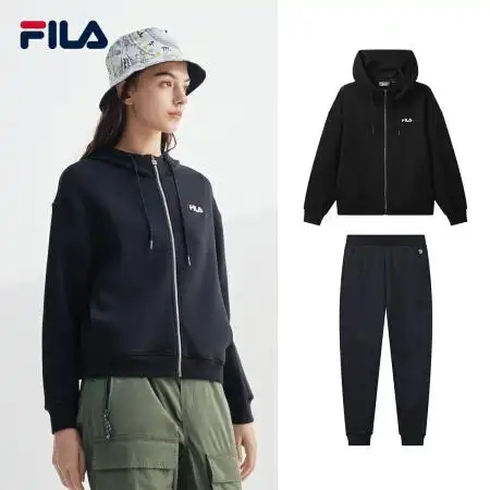 fila 斐乐官方 女子运动套装 2020秋季新款连帽卫衣运动休闲长裤 黑色