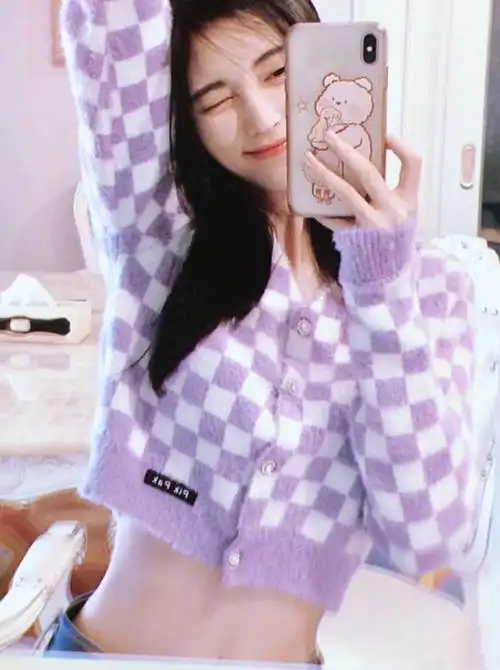 鞠婧祎同款紫色棋盘格领针针织开衫女秋季百搭慵懒毛针织衫