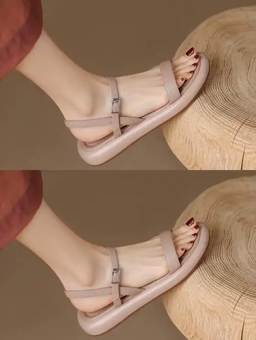 乖乖些裂墙款极简风一字带平底凉鞋