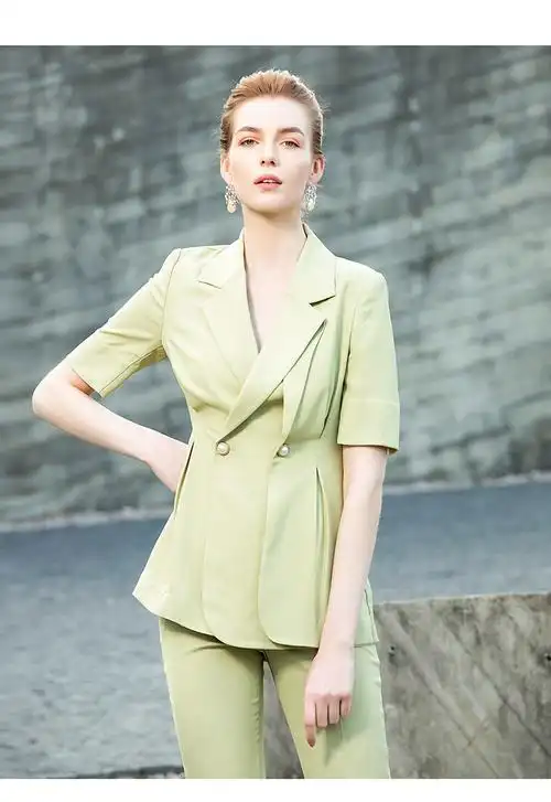 ad时髦草绿色西装套装女五分袖不规则职业装套裙ol通勤正装主持人