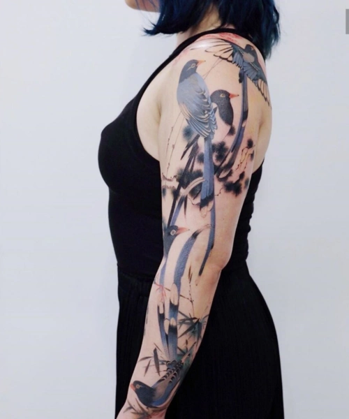 国风水墨植物鸟花臂纹身欣赏超酷中国风花臂纹身设计