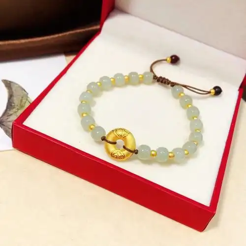 足金纳福平安扣吊坠翡翠和田玉手串18硬k金古法金珠手链小叶紫檀