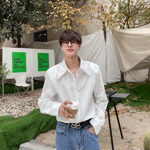 白色垫肩衬衫男2022春季新款潮 小众设计感韩版宽松男生领带衬衣