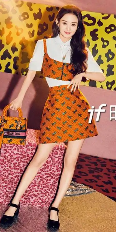 赵丽颖拍大片状态超好穿橙色迷你裙套装比模特更有灵气