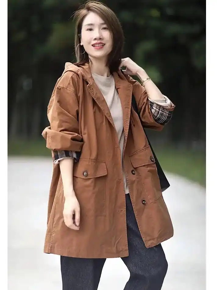 休闲中长款格子拼接工装连帽风衣外套秋冬.30 或将近30的女 - 抖音