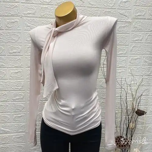 现货韩国东大门女装十足女人味半高领绑带设计微透打底衫t恤ins