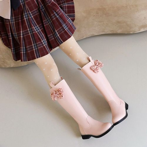 女童靴子冬季儿童高筒靴小女孩加绒中大童靴学生公主高跟皮靴 粉色a款