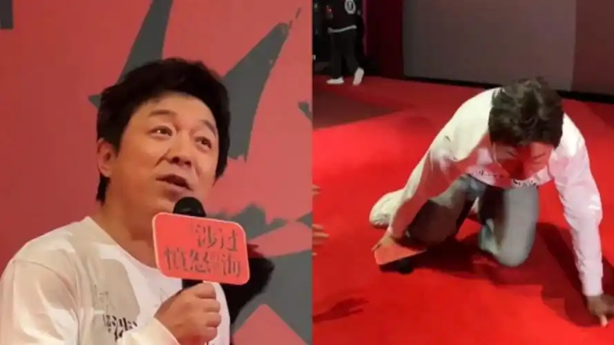 黄渤路演意外摔倒幽默化解尴尬逗笑全场想让大家开心一下