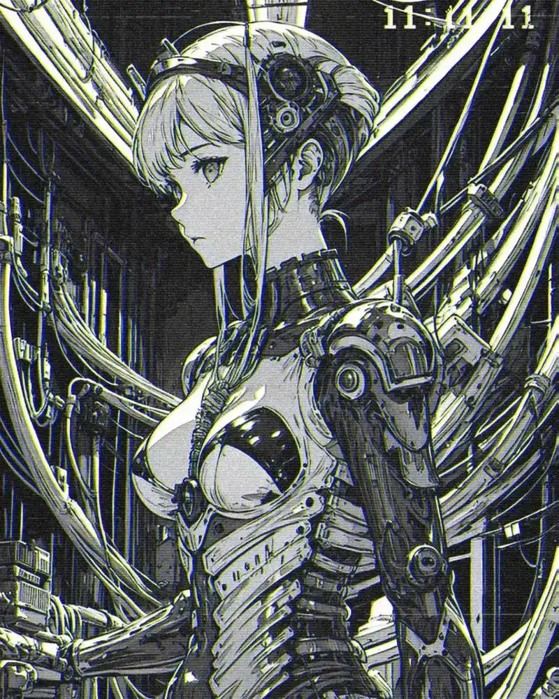 一组攻壳机动队风格的动漫人物黑白插画,描绘了义肢化的少女战士.