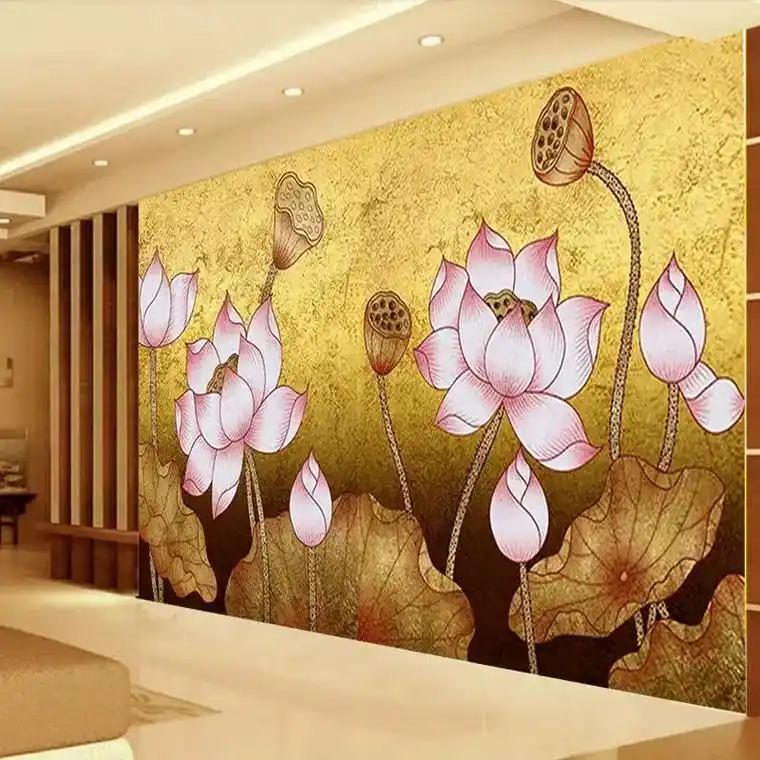 国风古韵 手绘中式古典禅意荷花莲花墙纸 茶室客厅电视佛字背 - 兑趑