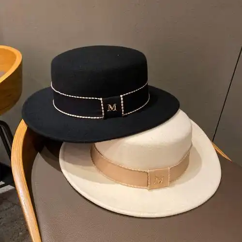 网红同款秋冬羊毛呢法式名媛白色平顶礼帽女英伦复古时尚赫本帽子