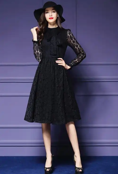 女装2016春装新款简约黑色蕾丝连衣裙长袖收腰大摆女裙 黑色 3xl