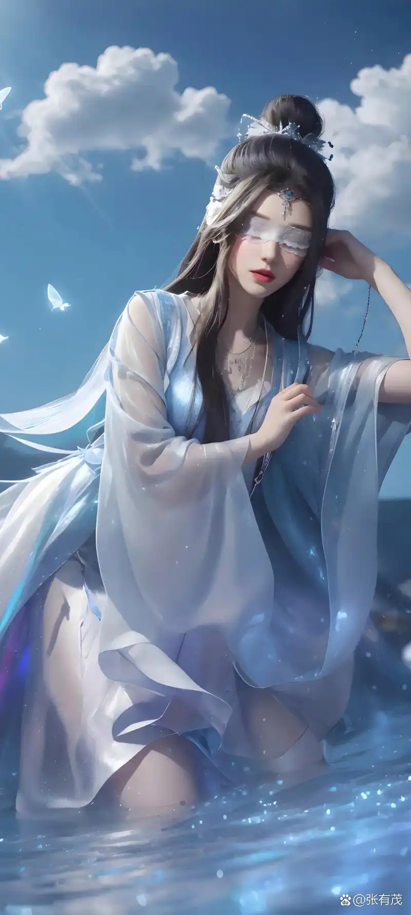 古风淡雅,水边倩影.淡蓝色古装,白玉头饰,发间白花,恰似仙女下凡尘.