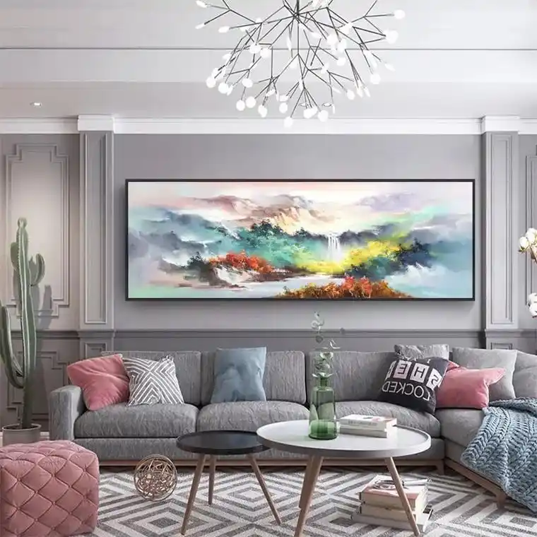 手绘风景山水油画新中式客厅沙发背景壁画现代横版装饰画床头挂画