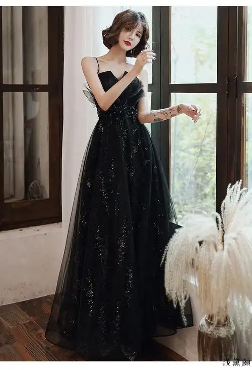 晚礼服裙女新款宴会高贵优雅气质学生主持成人礼平时可穿长款黑色长款