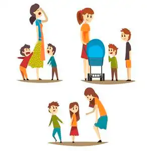 疲惫的家庭主妇和大声尖叫的儿子, 年轻的母亲与婴儿马车和两个男孩