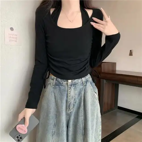 实拍#新款设计感挂脖圆领修身显瘦上衣女收紧绳打底衫