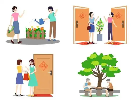 手绘卡通家风家训邻里团结套图原创插画素材