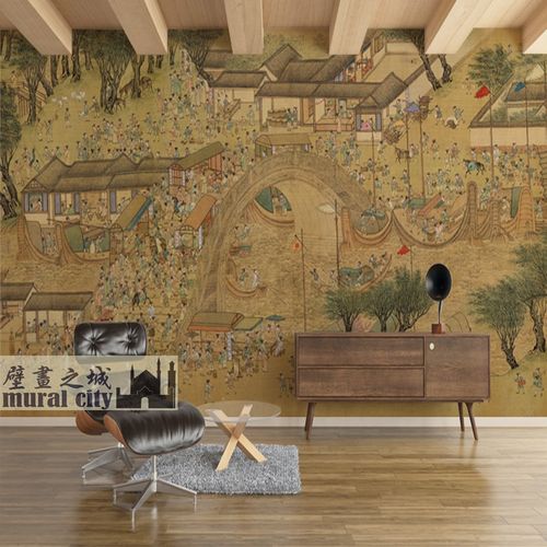 古画清明上河图壁纸复古风市井画墙布中式街道桥梁宋画墙纸背景画