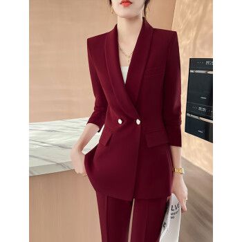 吻痕高端酒红色西装套装女时尚气质感职业主持人演讲正装西服2023春秋