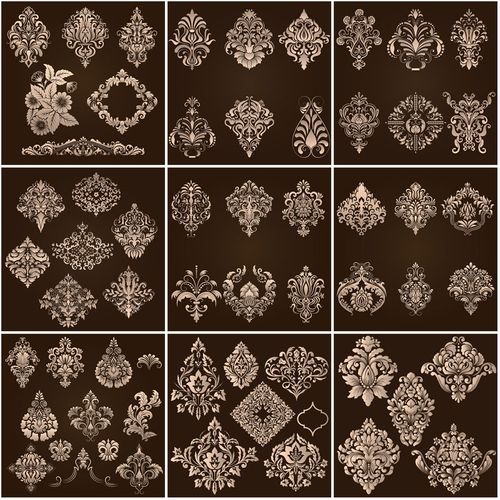 免扣优雅复古欧式古典花卉金色花纹花朵纹饰平面设计素材矢量图片