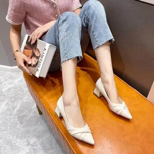 粗跟鞋玛丽珍女鞋女跟尖头2022新款蝴蝶结浅口韩版