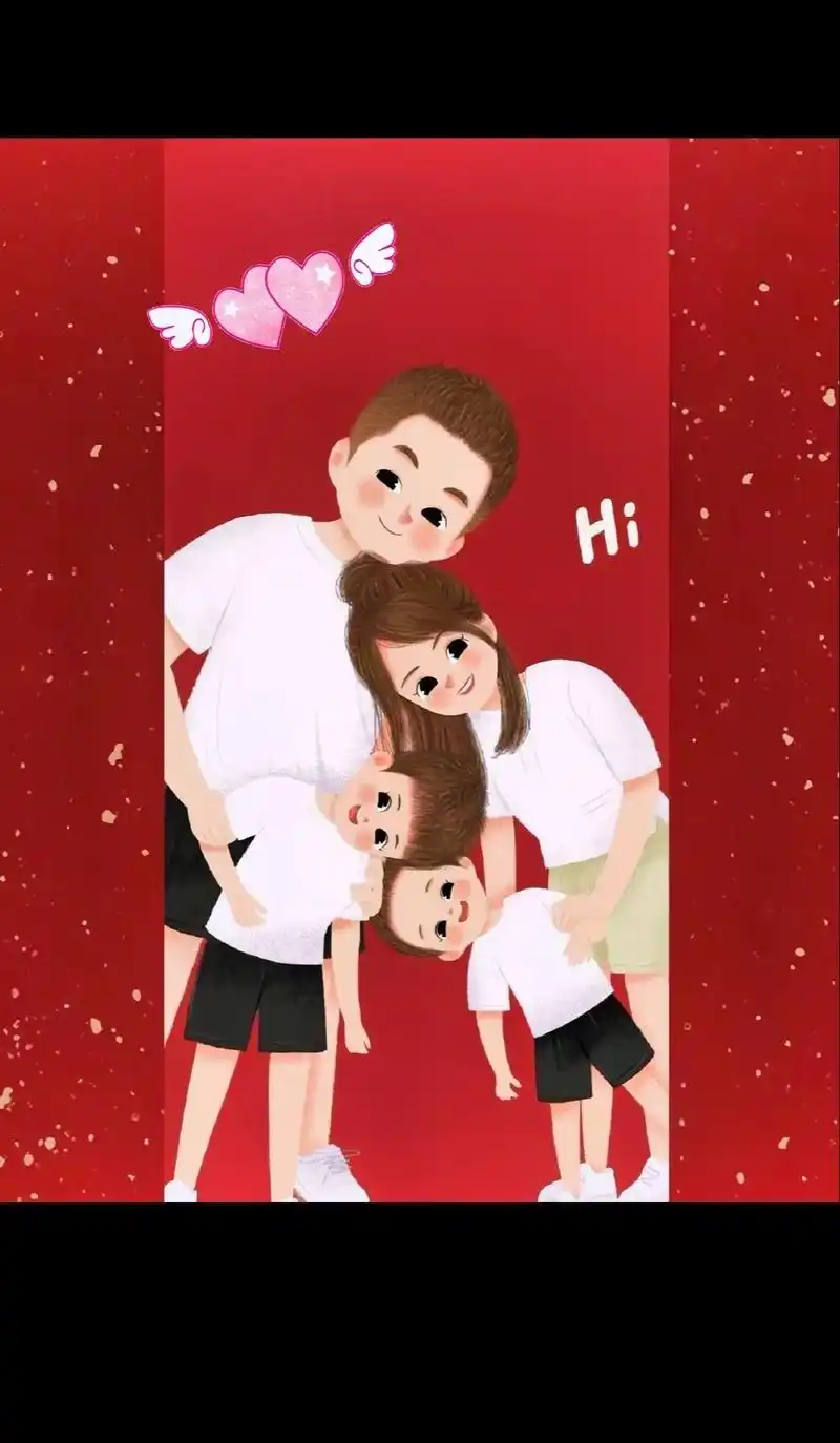 一家四口卡通头像两个儿子红色竖版 - 抖音