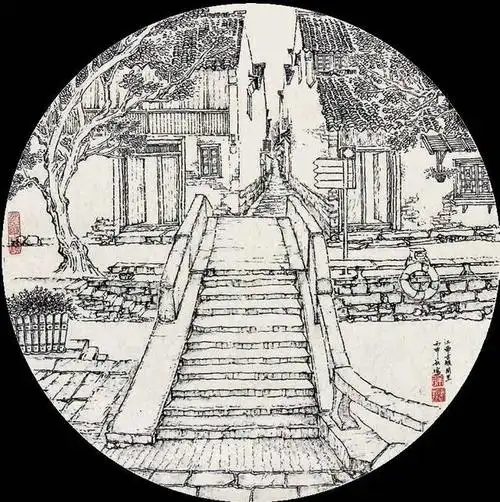 徐建新 《 古镇同里 》 线描写生  45cm×45cm 2016 年