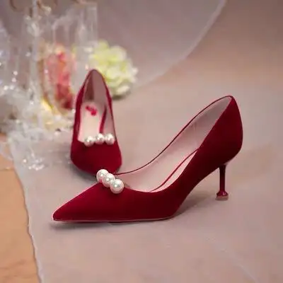 酒红丝绒高跟鞋秀禾鞋珍珠婚鞋新娘鞋婚宴鞋粉色婚礼究极景观套房