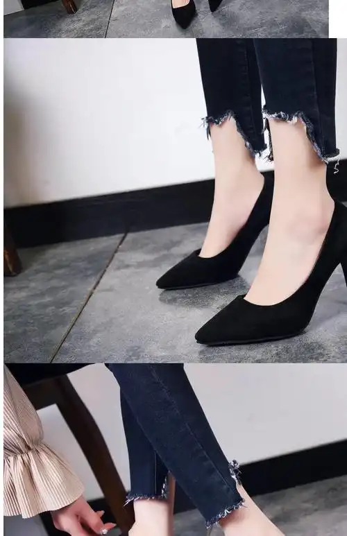 高跟鞋女细跟中跟5-7cm黑色工作职业单鞋尖头大学生礼仪鞋 黑色10厘米