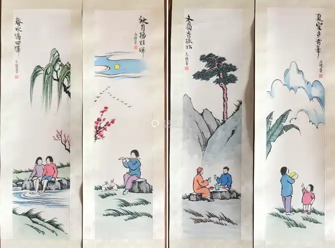 丰子恺 近现代 四季人物故事 纸本设色 四屏立轴
