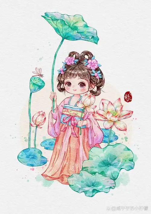 ipad水彩卡通q版萌萌古风女孩人物 | 夏荷花