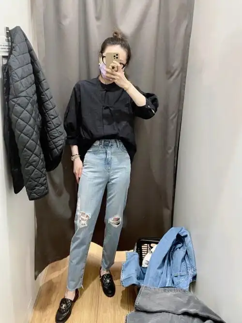 早春打工人时髦破洞牛仔裤穿搭