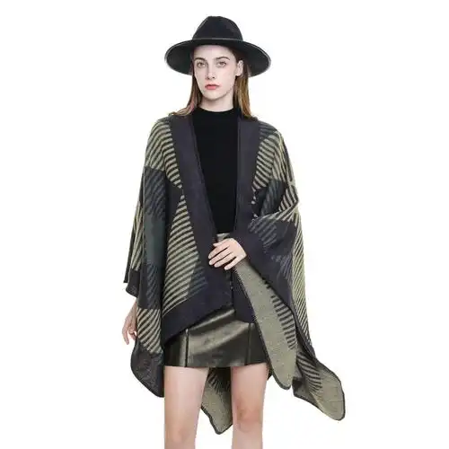 女士条纹仿羊绒保暖外穿时尚披肩旅游斗篷2022新款