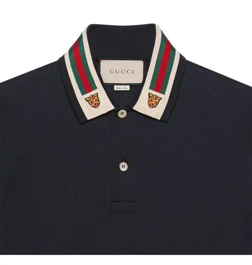 gucci古驰男装男士条纹织带虎头polo衫短袖t恤商务休闲polo短袖深蓝色