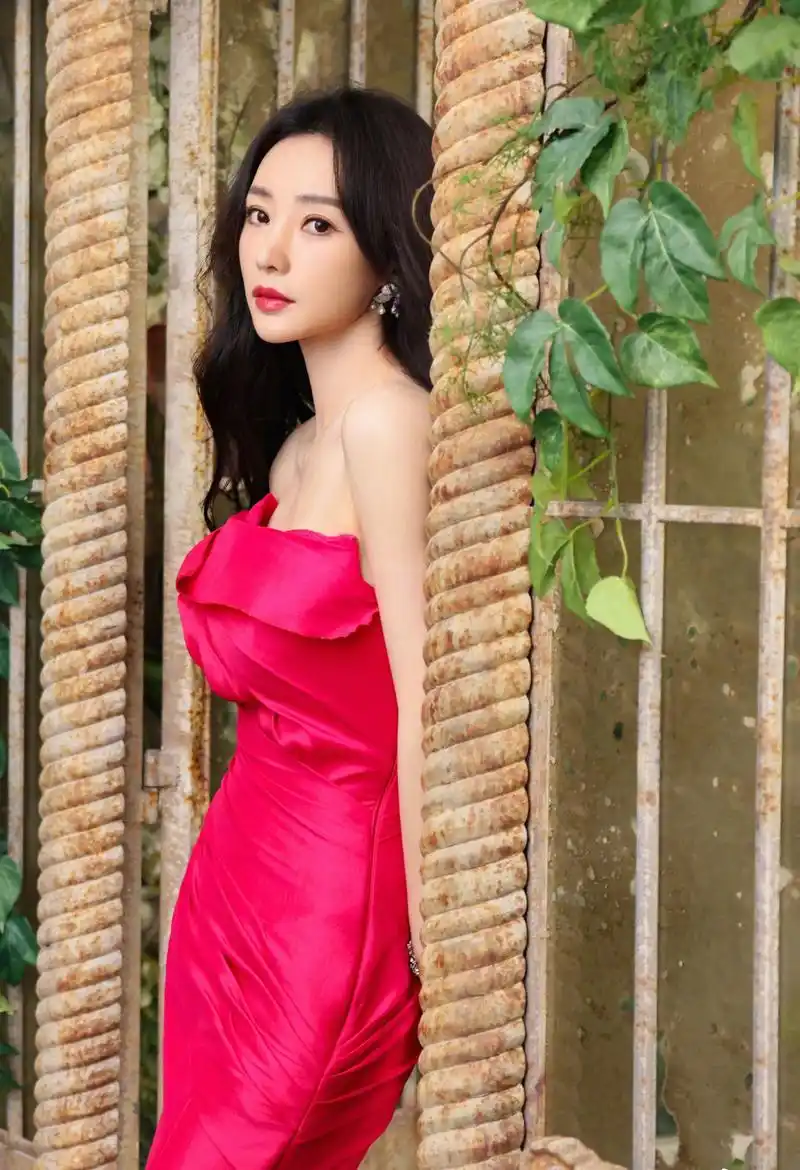柳岩红色抹胸连衣裙性感写真