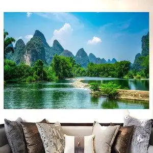 800人付款淘宝大自然蓝天白云风景装饰壁画有山有湖水有绿树山水招财