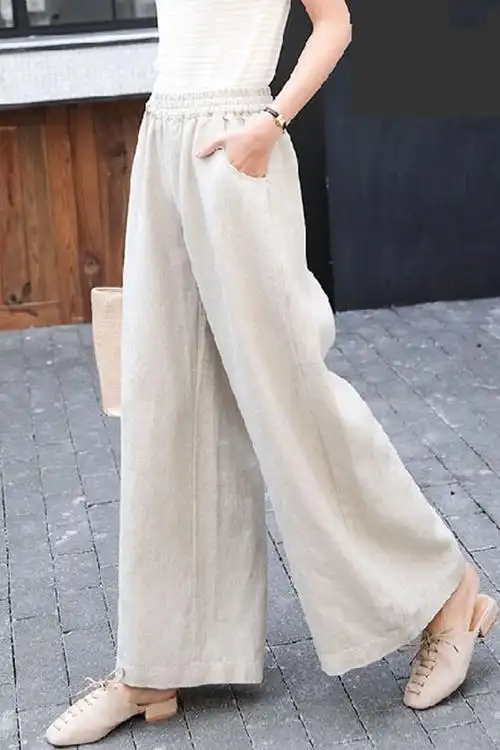 棉麻阔腿裤女高腰垂感直筒裤长裤大码宽松九分裤亚麻休闲女士裤子
