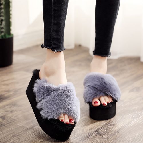 2019新款秋冬季兔毛松糕毛毛拖鞋外穿女厚底坡跟交叉高跟时尚凉拖