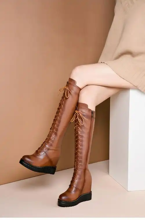 女坡跟内增高真眞皮长筒靴厚底长靴棕色高筒靴8cm侧拉链冬加绒黑色绒