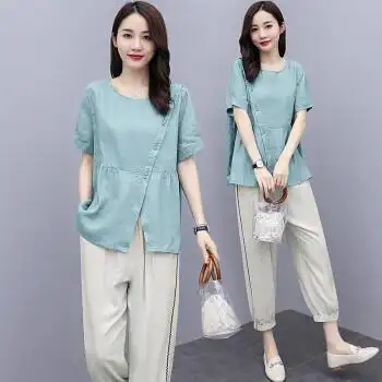 特价捡漏素订棉麻女装官方素素棉麻套装年新款女装宽松中袖九分裤女神