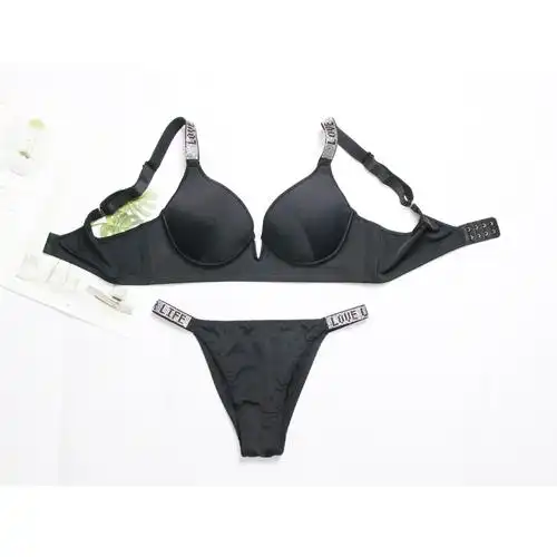 欧美外贸深v有钢圈维密带钻肩带套装文胸薄款罩杯两排扣内衣